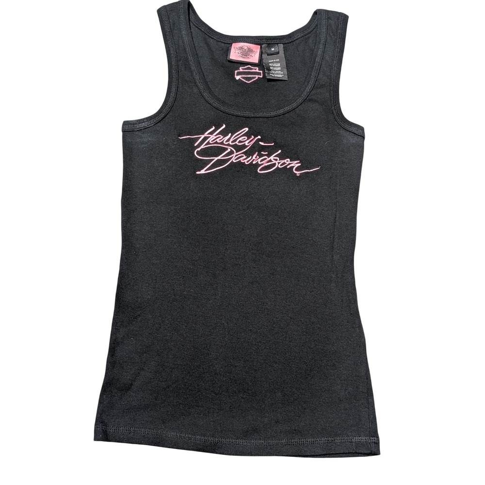 Harley-Davidson Tank Top Women Medium Pink Embroidered Made USA Ribbed Biker USA